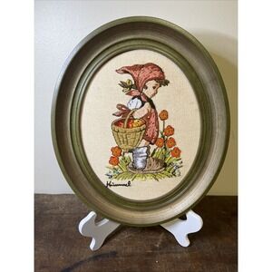 Vintage Crewel Needlepoint Hummel Girl Picking Flowers - Oval Frame 12"x10"
